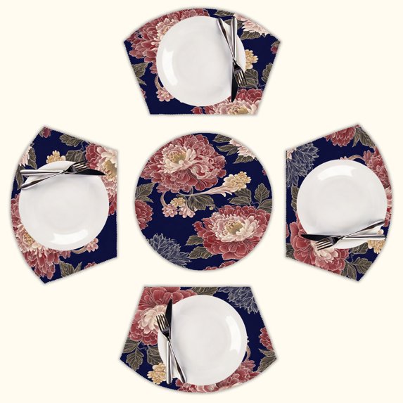 Navy floral peony textile design Round Table Placemats Set Of 5 Wedge Table Mats Washable Heat Resistant Place Mat For Dining Table Kitchen Farmhouse Restaurant