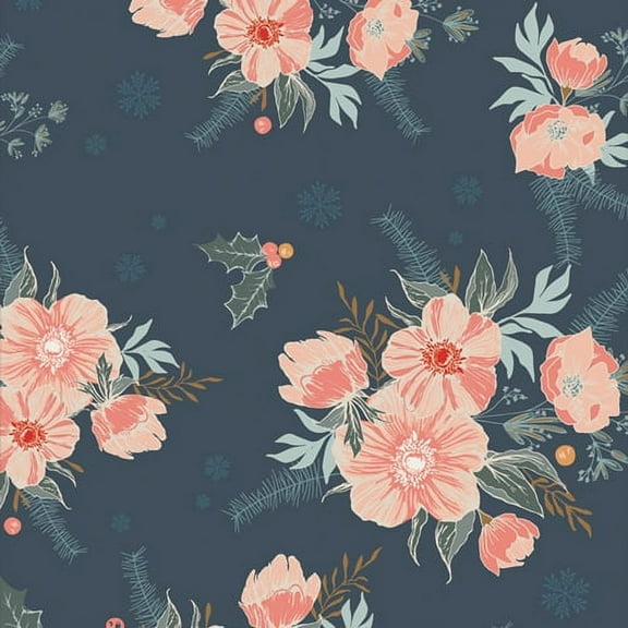 Navy holiday floral fabric - Frosted Roses Midnight AGF Cozy Magical Sold by the Quarter Yard