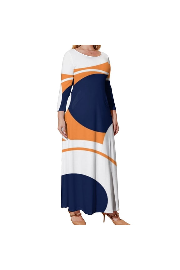 Navy orange and white abstract circle design Long Sleeved Dress Cocktail of dresses Aesthetic clothing