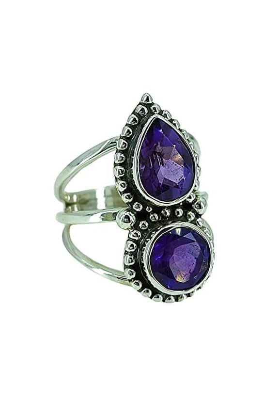Navya Craft Amethyst 925 Sterling Silver Handmade Women Statement Ring, Purple Dual Gemstone Ring Size 13.0