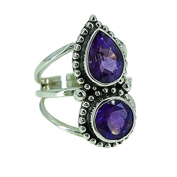 Navya Craft Amethyst 925 Sterling Silver Handmade Women Statement Ring, Purple Dual Gemstone Ring Size 7.0