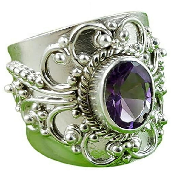 Navya Craft Amethyst Oval Silver Statement Ring 925 Sterling Silver Handmade Women Statement Ring, Purple Gem Stone Ring Size 14.0