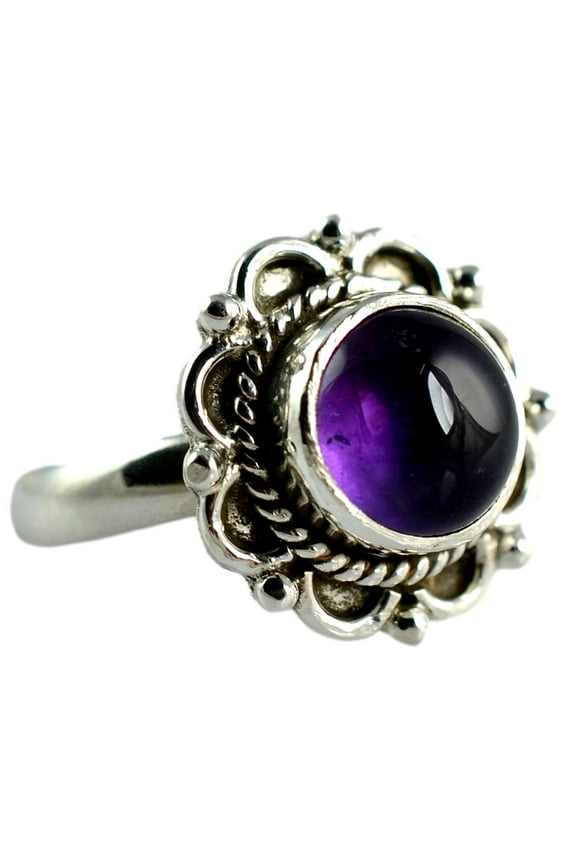Navya Craft Amethyst Round Sterling Silver Purple Gemstone Handmade Statement Women Ring Size 5.0