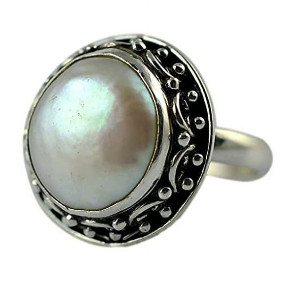 Navya Craft Freshwater Coin Pearl 925 Sterling Silver Handmade Women Statement Ring, Coin Pearl Jewelry Size 7.5