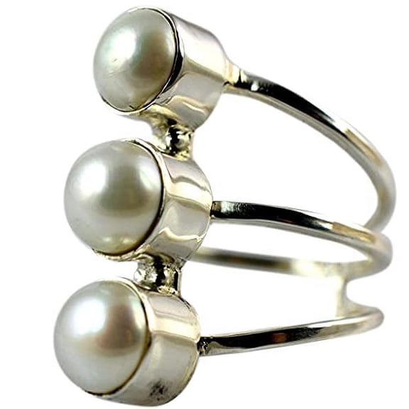 Navya Craft Freshwater Pearl 925 Sterling Silver Handmade Statement Women triple Pearl Ring, Pearl Jewelry Size 6.0