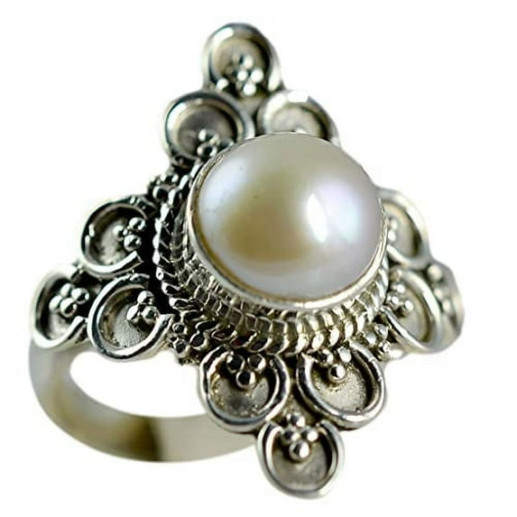 Navya Craft Freshwater Pearl 925 Sterling Silver Handmade Women Statement Ring, Pearl Jewelry Size 6.5