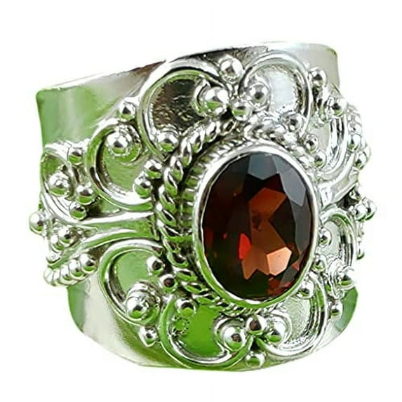 Navya Craft Garnet Oval 925 Sterling Silver Handmade Women Statement Ring, Garnet Jewelry Size 6.0