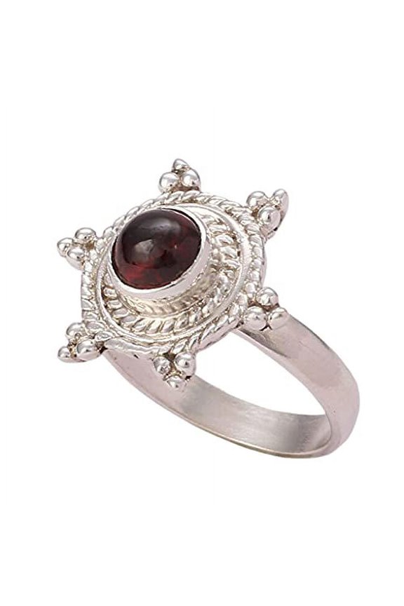 Navya Craft Garnet Round 925 Sterling Silver Handmade Women Statement Ring, Garnet Jewelry Size 10.5