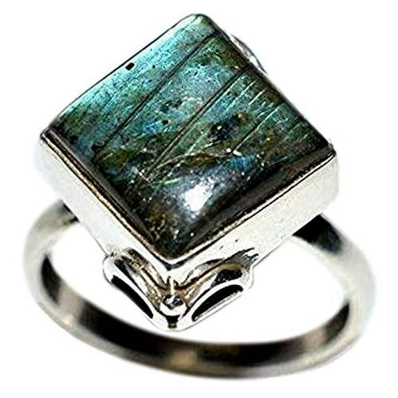 Navya Craft Labradorite Cushion 925 Sterling Silver Handmade Women Statement Ring Size 7.0
