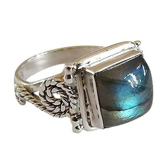 Navya Craft Labradorite Cushion 925 Sterling Silver Handmade Women Statement Ring Size 8.0