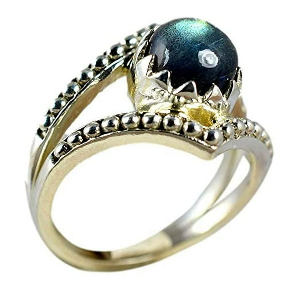Navya Craft Labradorite Round 925 Sterling Silver Handmade Women Statement Ring Size 13.5