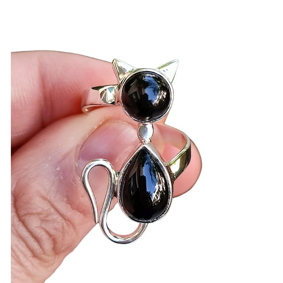 Navya Craft Natural Black Onyx Sterling Silver Handmade Statement Cat Design Women Ring Size 13.0