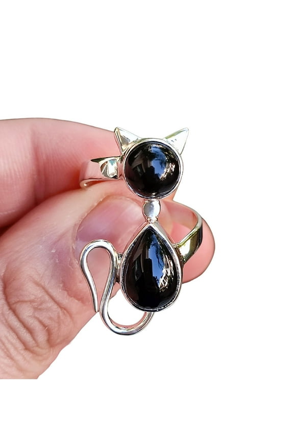 Navya Craft Natural Black Onyx Sterling Silver Handmade Statement Cat Design Women Ring Size 5.0