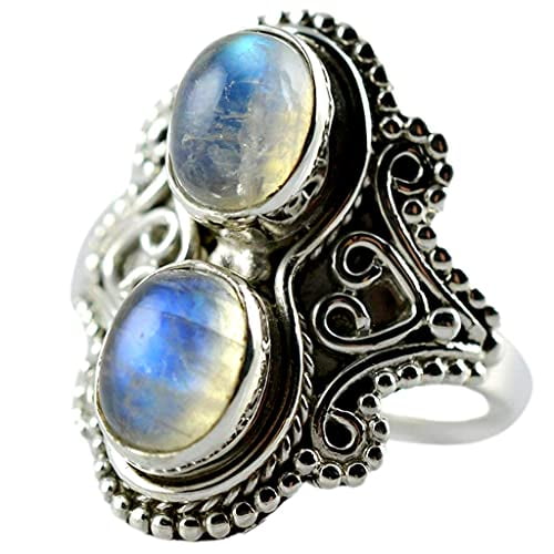 Navya Craft Rainbow Moonstone Oval 925 Sterling Silver Handmade Women Statement Ring Size 14.0