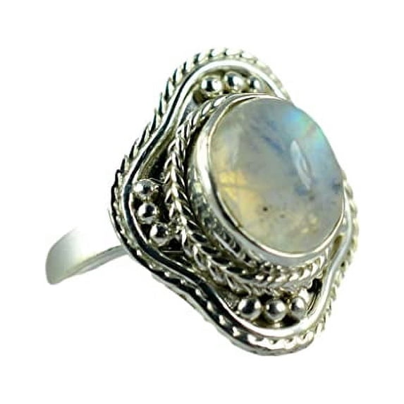 Navya Craft Rainbow Moonstone Oval 925 Sterling Silver Handmade Women Statement Ring Size 5.0
