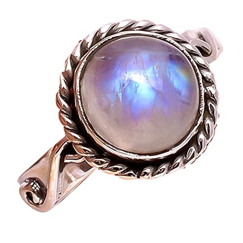 Navya Craft Rainbow Moonstone Round 925 Sterling Silver Handmade Women Statement Ring Size 5.5