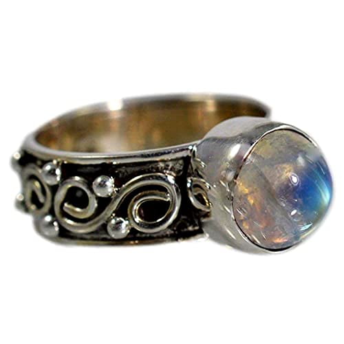 Navya Craft Rainbow Moonstone Round 925 Sterling Silver Handmade Women Statement Ring Size 8.0