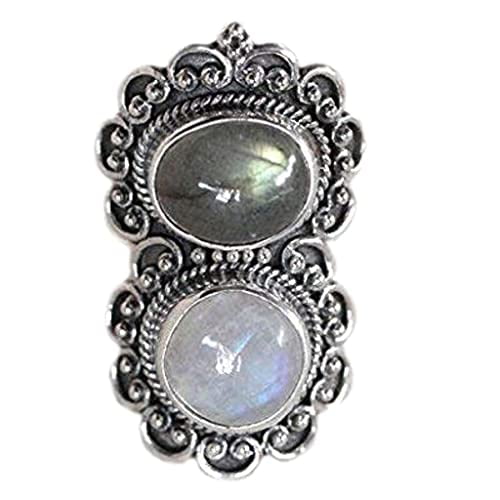 Navya Craft Rainbow Moonstone and Labradorite 925 Sterling Silver Handmade Women Statement Dual Gemstone Ring Size 12.5