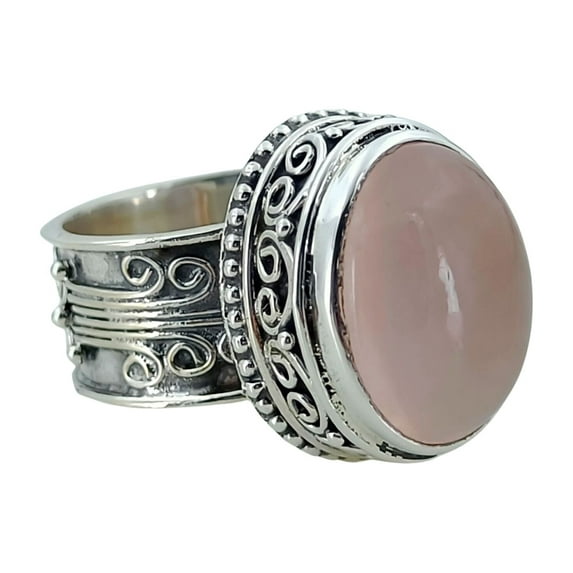 Navya Craft Rose Quartz Oval Sterling Silver Handmade Women Cocktail Pink Gemstone Ring Size 8.5