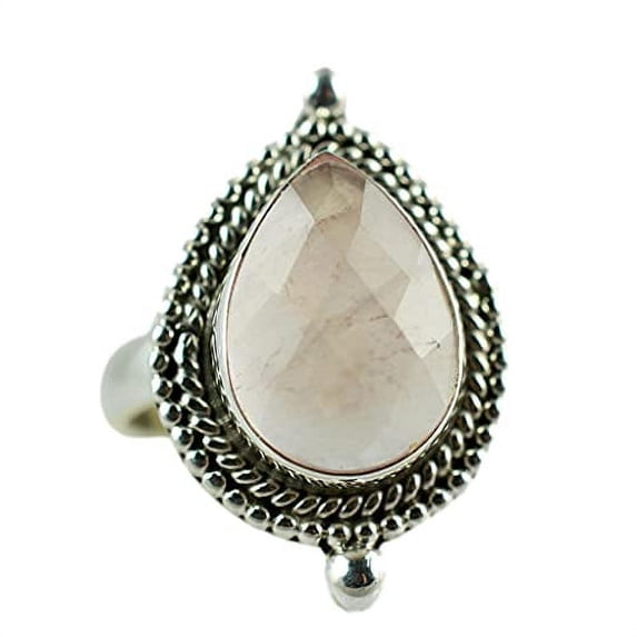 Navya Craft Rose Quartz Pearshape 925 Solid Sterling Silver Handmade Women Pink Gemstone Jewelry Ring Size 8.5