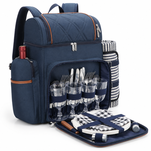 Navyblue Insulated Picnic Backpack Cooler with Blanket and Tableware Set for 4