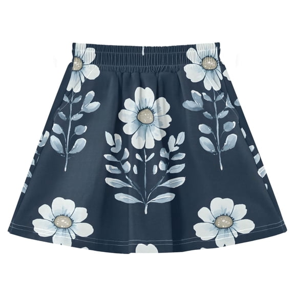 Navydaisies Pattern Cotton Skirt Built-in Liner Elastic A-Line Flared Skirt with Pockets