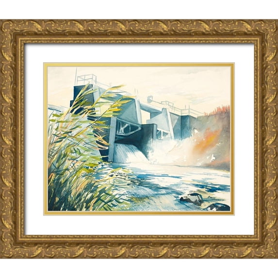 Nawrocke, Bruce 32x26 Gold Ornate Wood Framed with Double Matting Museum Art Print Titled - Industrial Dam