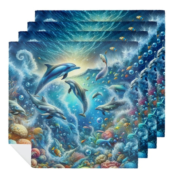 Nawy Blue Cheerful Dolphins and Tropical Fish Polyester Cloth Napkins for Party Dinner Decoration 4 PCS