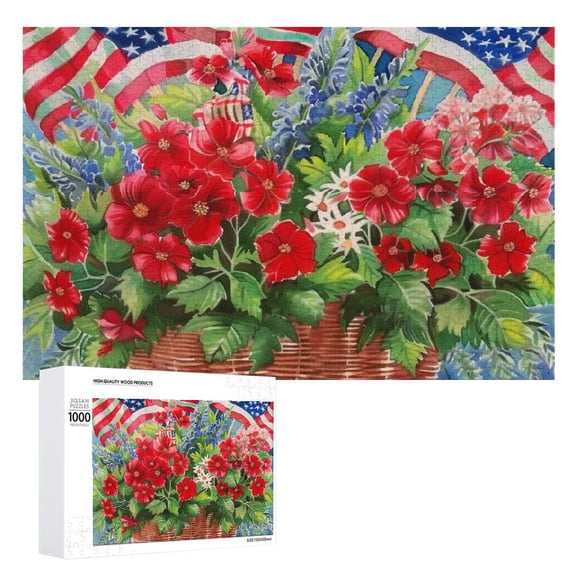 Awypu Flowers American Flags Wooden Jigsaw Puzzle Challenging Difficult Wood Puzzles for Adults Gift for Family Friends 1000 PCS