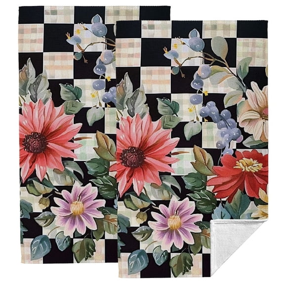 Nawy Flowers Leaves Checkered Background Towels Set of 2 - Funny Kitchen Towels for Kitchens, Bathrooms, Showers - Soft Bath Towel 27.5*16in