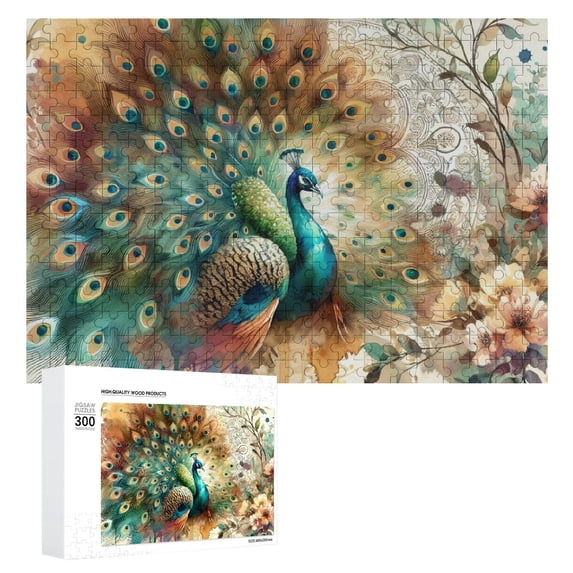Awypu Peacock Feathers Watercolor Art Wooden Jigsaw Puzzle Challenging Difficult Wood Puzzles for Adults 300 PCS