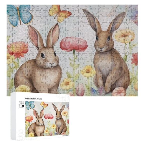 Awypu Rabbits Butterfly Flowers Wooden Jigsaw Puzzle Gift for Family Friends 300 PCS