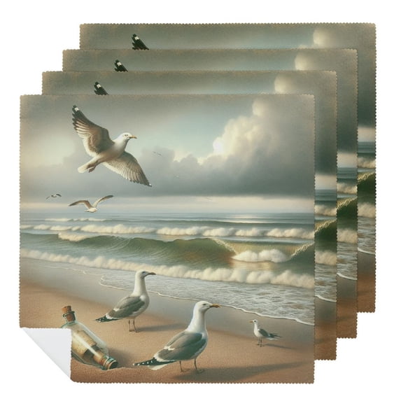 Nawy Seagulls Beach Message in a Bottle Cloth Napkin Reusable Machine Washable Fabric for Events 4 PCS
