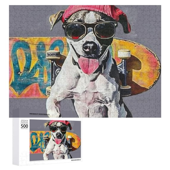 Awypu Skateboarding Dog Wooden Jigsaw Puzzle Gift for Family Friends 500 PCS