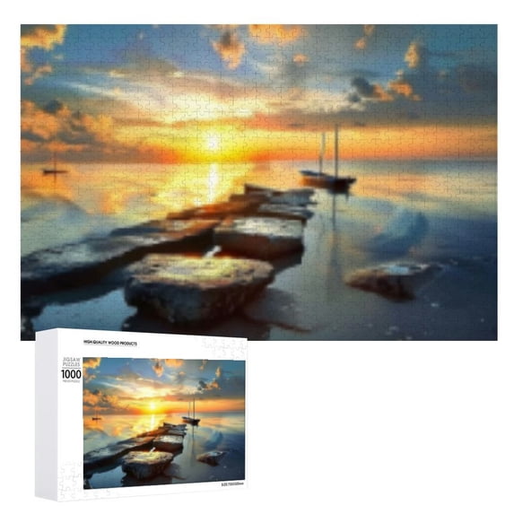 Awypu Tropical Coastal Sunset Painting Modern Sea Shoreline Prints Relaxing Gorgeous Wooden Jigsaw Puzzle 1000 PCS
