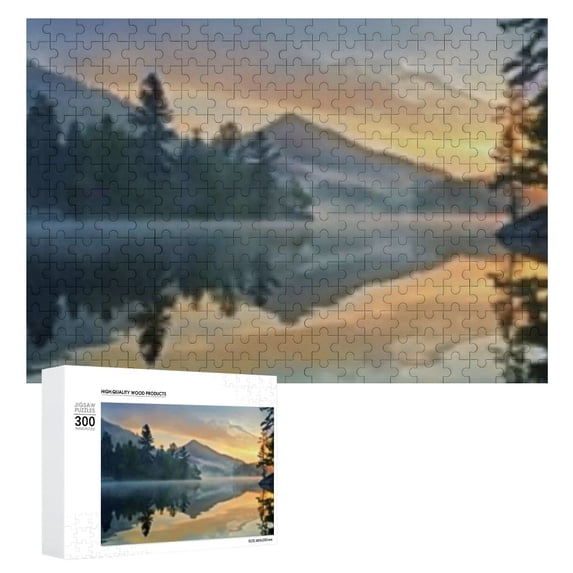 Awypu Wooden Jigsaw Puzzle Lake and Tree Canvas Prints Modern Sunset Mountain Landscape Artwork 300 PCS