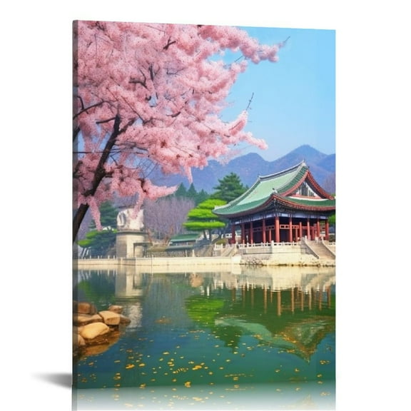 Nawypu  16x20 Inches Canvas Wall Art Painting Seoul Gyeongbokgung Palace Cherry Blossom in Spring Korea Sakura Home Decorative Artwork Prints