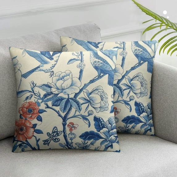 Nawypu 2pcs Chinoiserie Floral Throw Pillow Covers Asian Navy Bird Flowers Square Cushion Cover Oriental Decorative Cushion Cases Home Decor for Farmhouse Sofa Couch Bed Car White