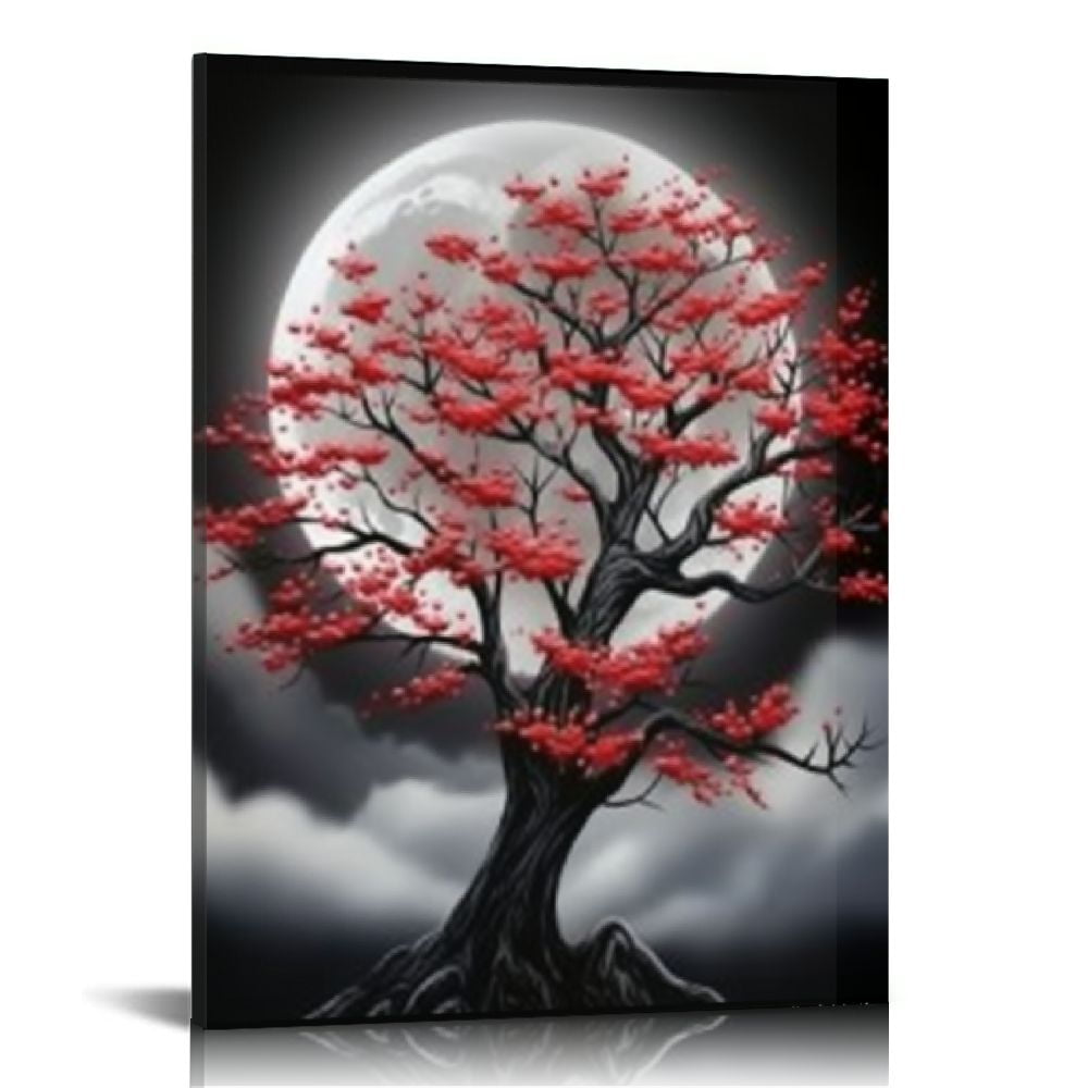 Nawypu 3 Pieces Black and Red Canvas Wall Art Full Moon Red Flower Tree Painting Nature