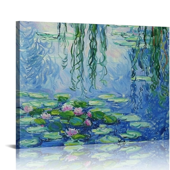 Nawypu 3D Print simulation painted texture on canvas painting Claude Monet Classic Wall Art Water Lilies with Hanging Willow Made Ornate Framed 3D Brushstroke UNIQUE INNOVATION Patent pending
