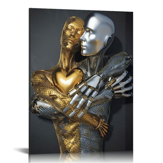 Nawypu 3D Wall Art - Silver Gold Hugging Couple Wall Design, 3D Effect Love Art Print on Canvas for Bedroom Wall Decor, Modern Abstract Kissing Framed Art Pictures for Valentine's Gift