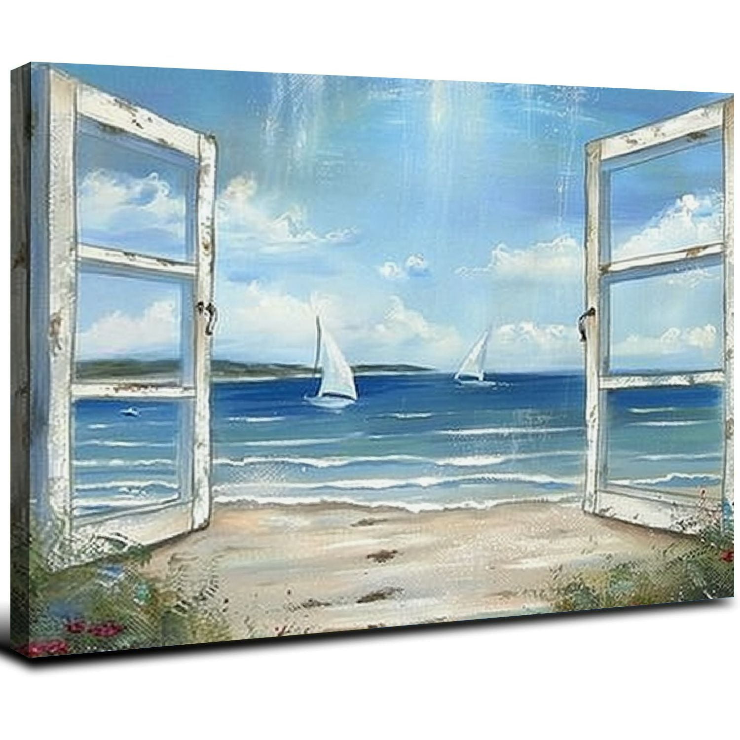 Nawypu Abstract Beach Wall Art Canvas Window View Coastal Painting Bedroom Modern Seascape