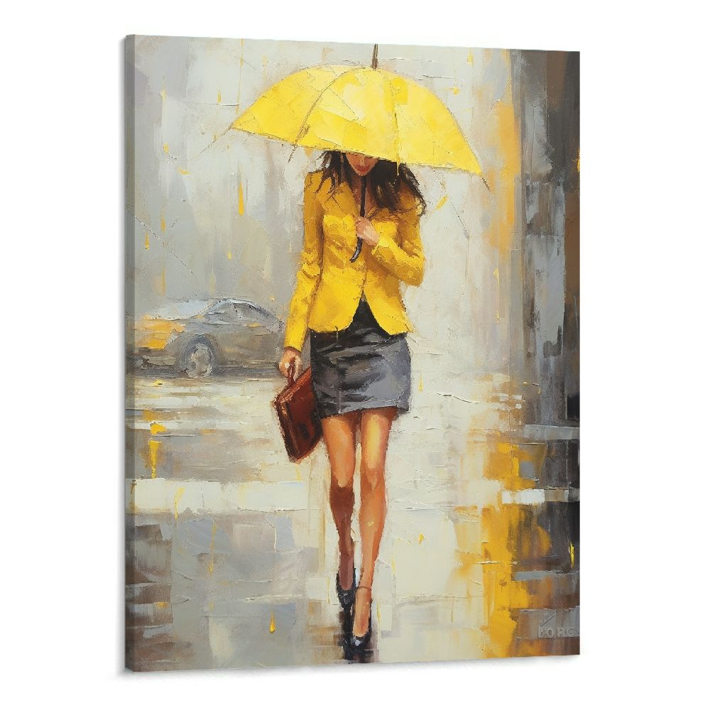 Nawypu Abstract Canvas Painting A Rainy Walk Girl with Yellow Umbrella