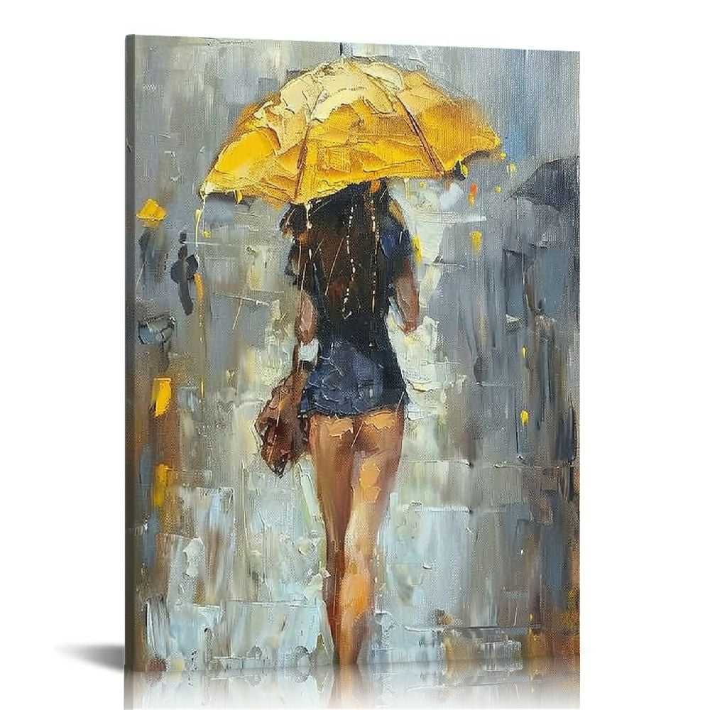 Nawypu Abstract Canvas Painting A Rainy Walk Girl with Yellow Umbrella