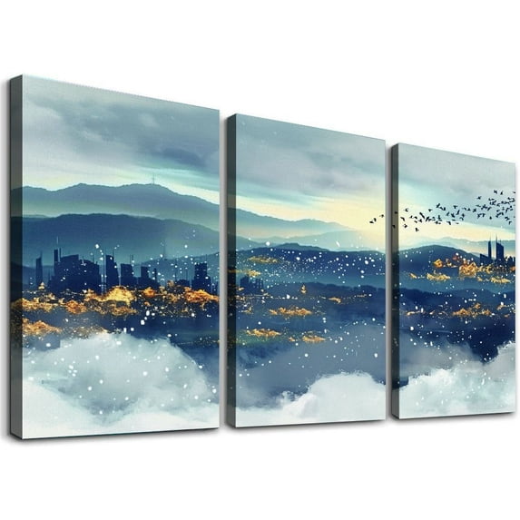 Nawypu Abstract Canvas Wall Art Blue Landscape Modern Artwork Set of 3 Prints on Canvas Home Decor for Living Room Bedroom Kitchen Bathroom Office Ready to Hang (Framed)