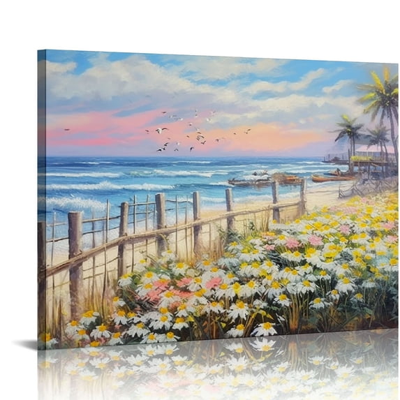 Nawypu Abstract Canvas Wall Art Landscape Painting Coastal Tropical Abstract Trees Artwork Modern Nature Wild Daisy Picture Seascape Scene Artwork for Bedroom Home Office Decor