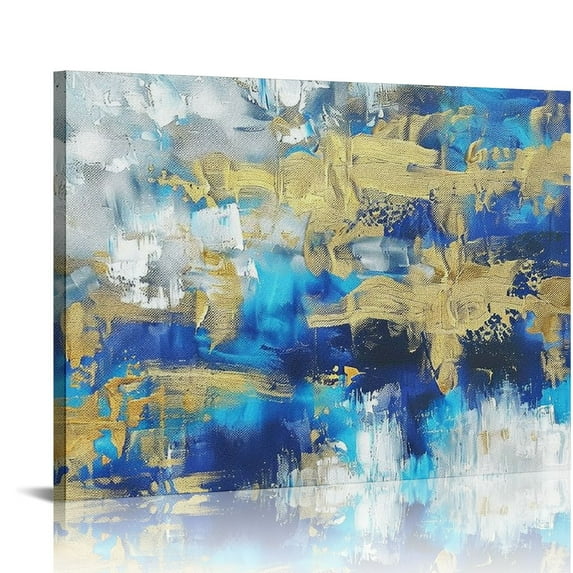 Nawypu Abstract Modern Canvas Wall Art Painting: Blue Artwork Gold Foil Painted Picture White Grey Background Print for Office Home Living Room Wall Decor