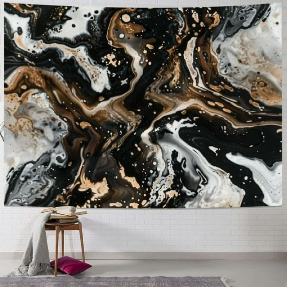 Nawypu Abstract Modern Marble Tapestry, Modern Black and White Marble Pattern Picnic Mat Hippie Trippy Tapestry Wall Art Decor for Bedroom Living Room, Black White Gold