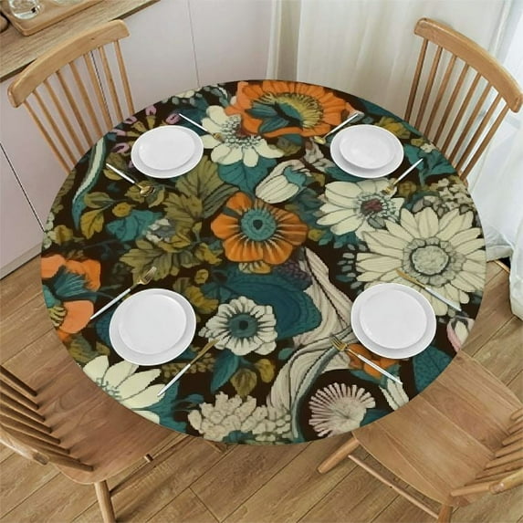 Nawypu Abstract Retro Flowers Tablecloths Spring Summer Floral Round Tablecloth, Multicolor Rustic Reusable Wipeable Waterproof Circle Table Cover for Indoor Outdoor Picnic Party Patio