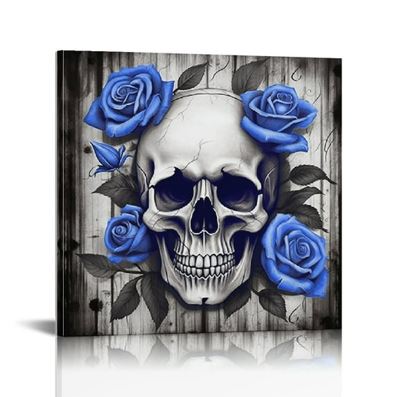 Nawypu Abstract Romantic Canvas Art Wall Decor - Blue Flower and Butterfly and Skull Wall Art Frame Poster Vintage Romantic Skull Love Themed Artwork Home Bedroom Bathroom Wall Decor